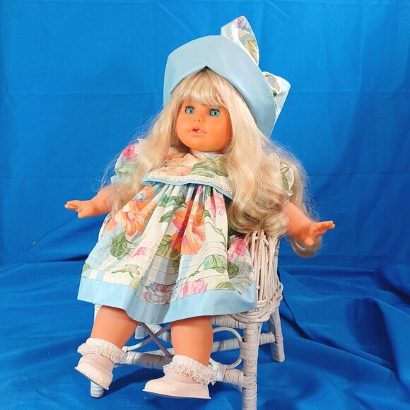 Vintage 1980s Zapf Balica Creation Baby Toddler Doll With Floral Dress/Blue Hat - Picture 4 of 16